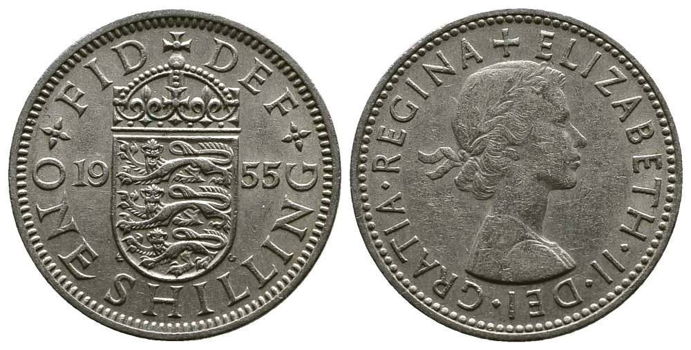 Великобритания 1 шиллинг 1955 Елизавета II (1952-2022), Английский герб KM 904, Spink 4147 медно-никель 4384-323