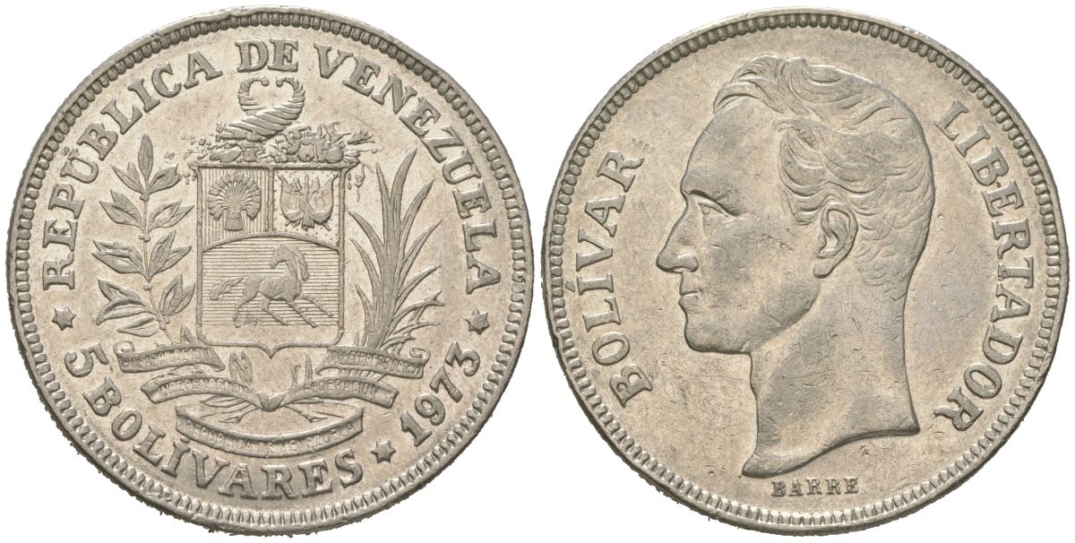 Венесуэла 5 боливаров 1973 Симон Боливар KM 44 никель 4512-322