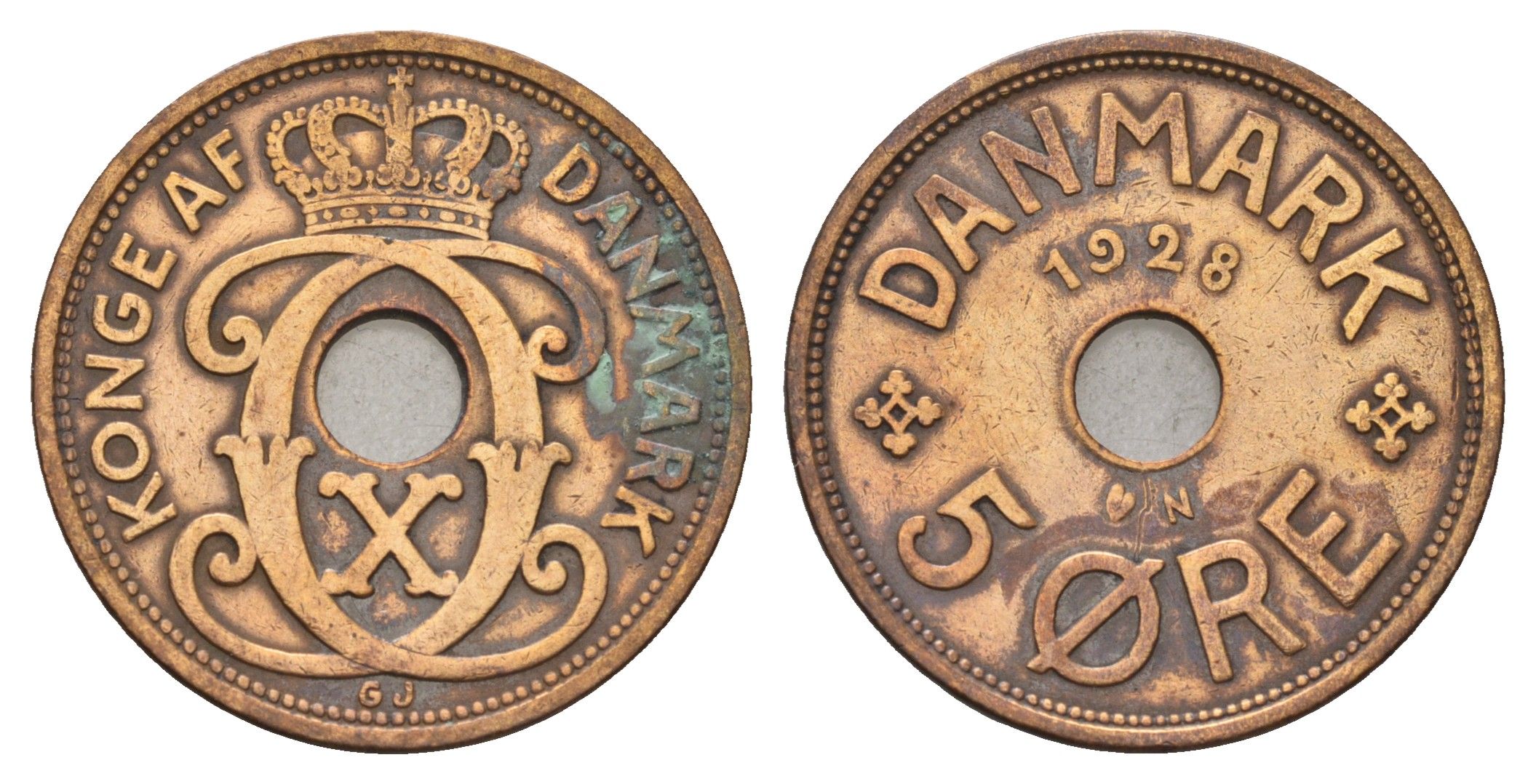 Дания 5 эре 1928 N, Кристиан X (1912-1947) KM 828 бронза 4700-831