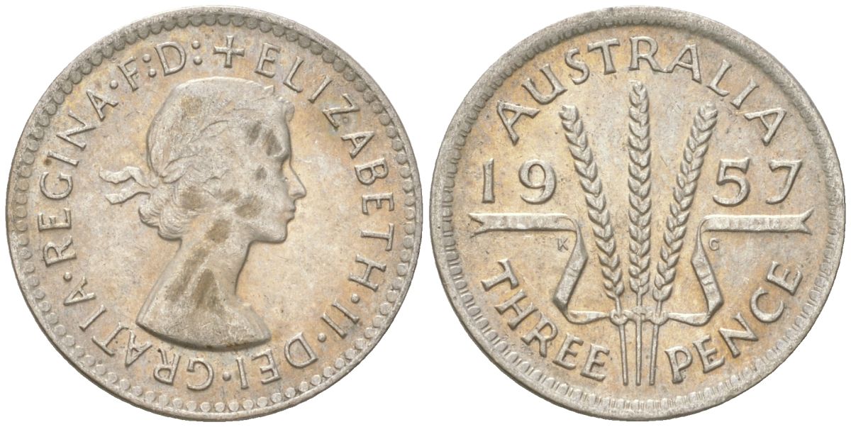 Австралия 3 пенса 1957 m, Елизавета II (1952-2022) KM 57 серебро 4621-1241