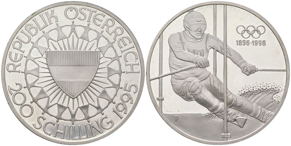 Австрия 200 шиллингов 1995 100 лет Олимпийским играм - лыжный спорт KM 3027 серебро PROOF 4044-534