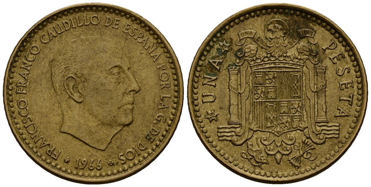 Испания 1 песета 1966 Франсиско Франко (1939-1975) KM 796 алюминиевая бронза 4176-322