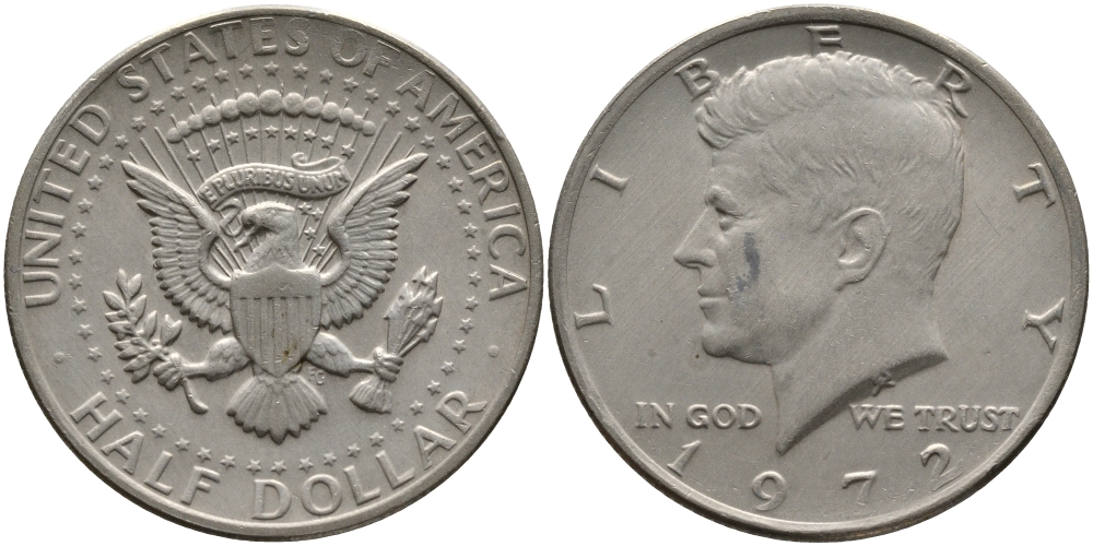 США 1/2 доллара (50 центов) 1972 Джон Кеннеди KM 202b медь плакированная медно-никелем 272-544