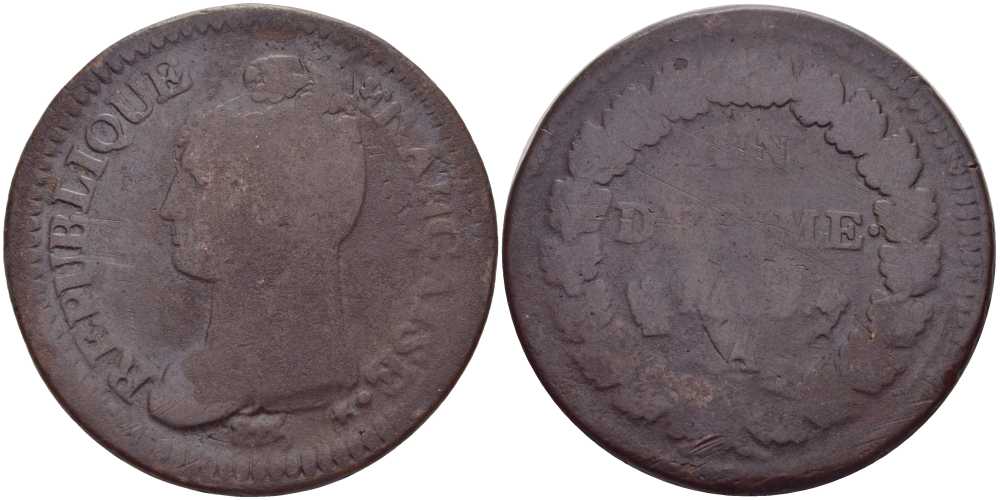 ФРАНЦИЯ 1 ДЕЦИМ 1799 A, КОНСУЛАТ (1799-1803) LAN 8 KM 644.1 (C 137.1) бронза 114-1046