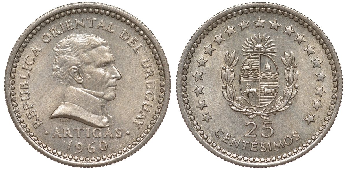 Уругвай 25 сентесимо 1960 KM 40 медно-никель 4532-153