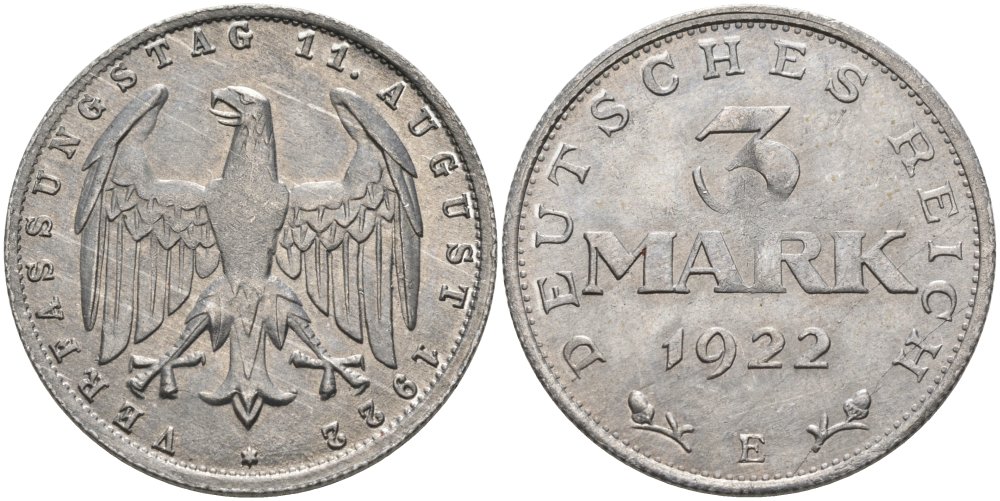 Германия 3 марки 1922 Е, третья годовщина Веймарской Конституции KM 29, J.303 алюминий UNC 4574-816