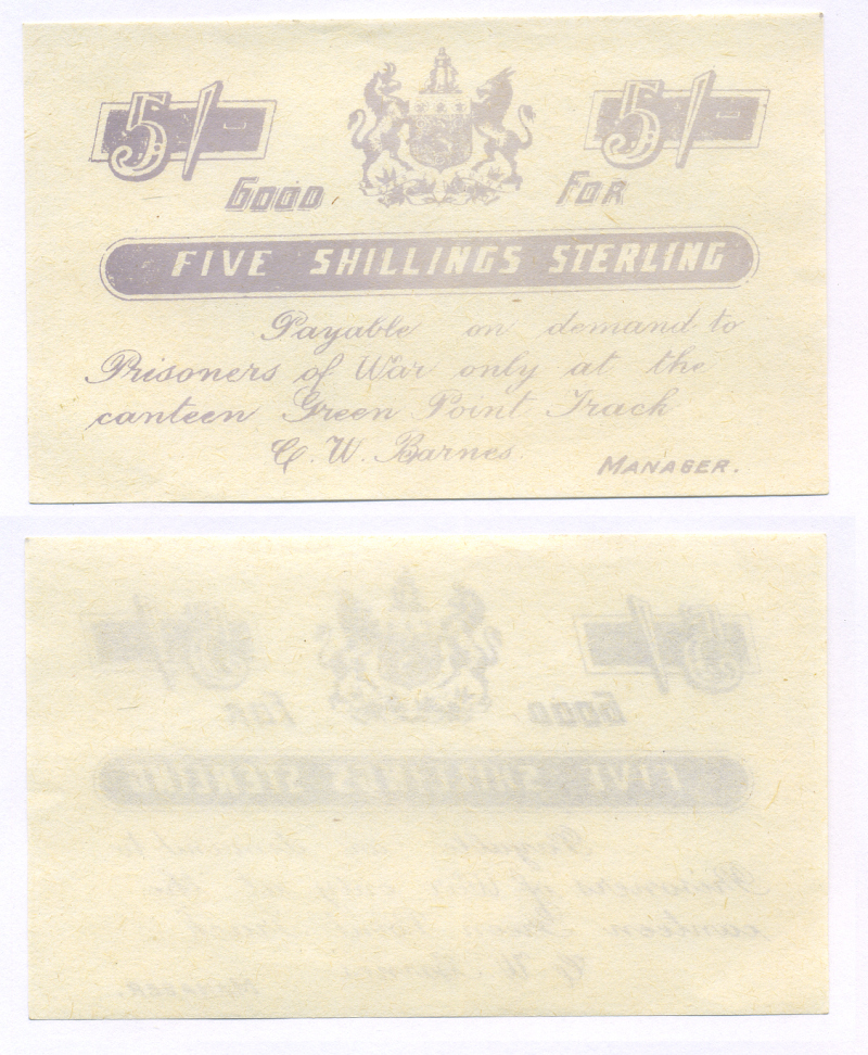 Южная Африка 5 шиллингов стерлингов 1899-1902 оплачивается при предъявлении в столовой лагеря военнопленных Green Point Track, Англо-Бурская война (1899-1902), сиреневая печать   бумага  UNC (пресс) 451-672-1