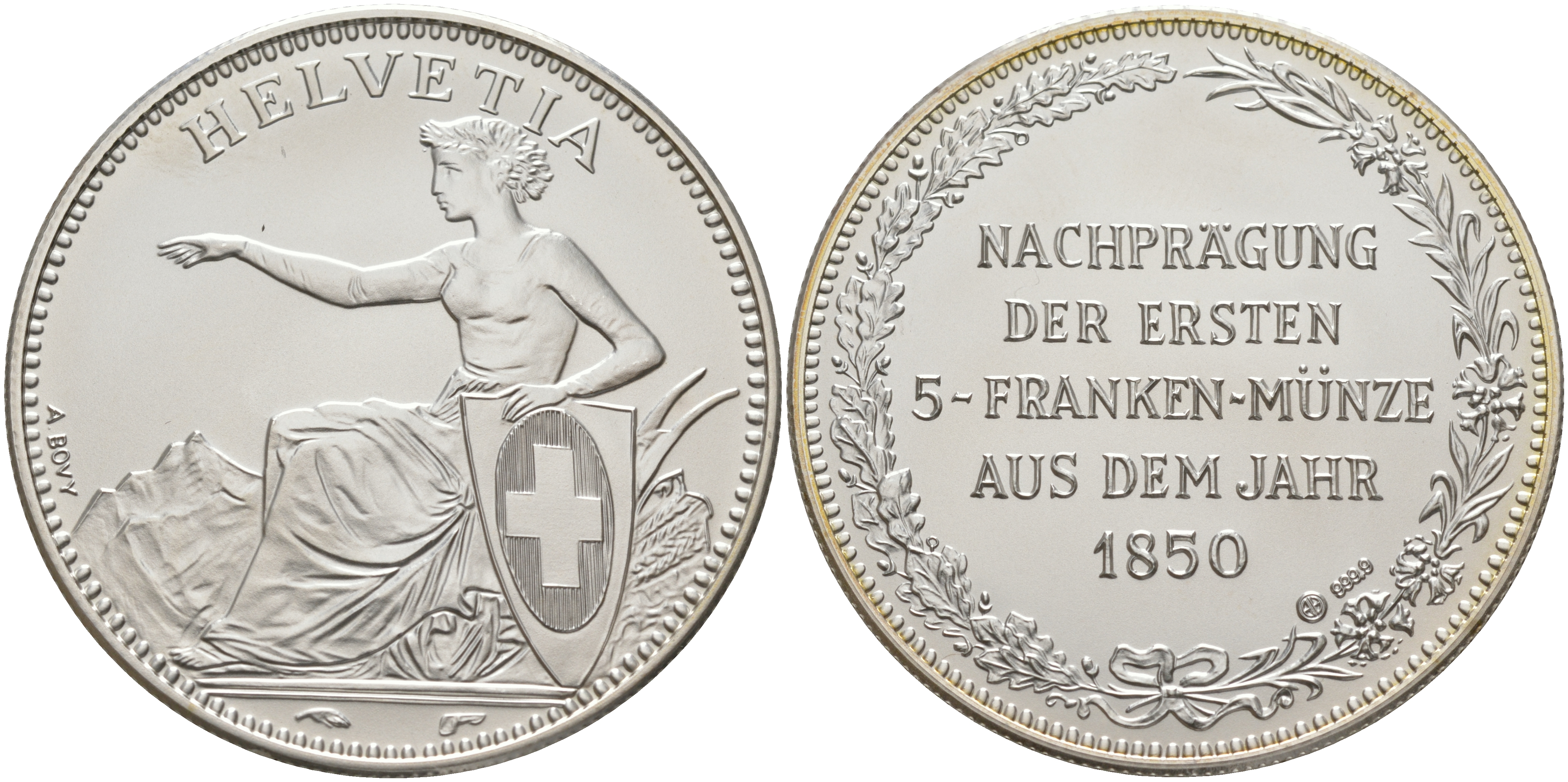 ШВЕЙЦАРИЯ МЕДАЛЬ ND ПОСВЯЩЕННАЯ ВЫПУСКУ ПЕРВОГО ПЯТИФРАНКОВИКА В 1850 ГОДУ, ДИАМЕТР 40 ММ., ВЕС 1 УНЦИЯ серебро UNC 1074-4-33