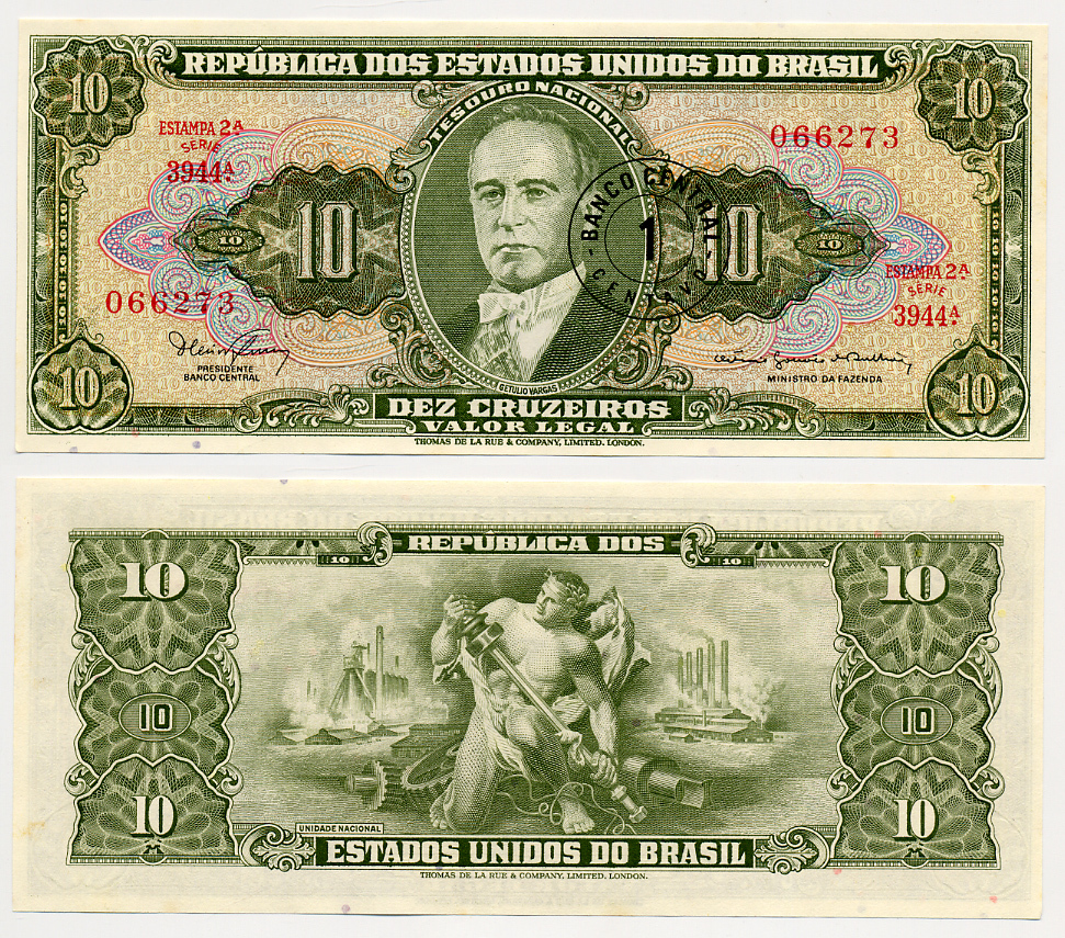БРАЗИЛИЯ 1 СЕНТАВО 1967 НАДПЕЧАТКА НА 10 КРУЗЕЙРО, СЕРИЯ 3944, ESTAMPA 2A, ЖЕТУЛИУ ВАРГАС Pick 183b бумага UNC (ПРЕСС) 6278-36-3-1