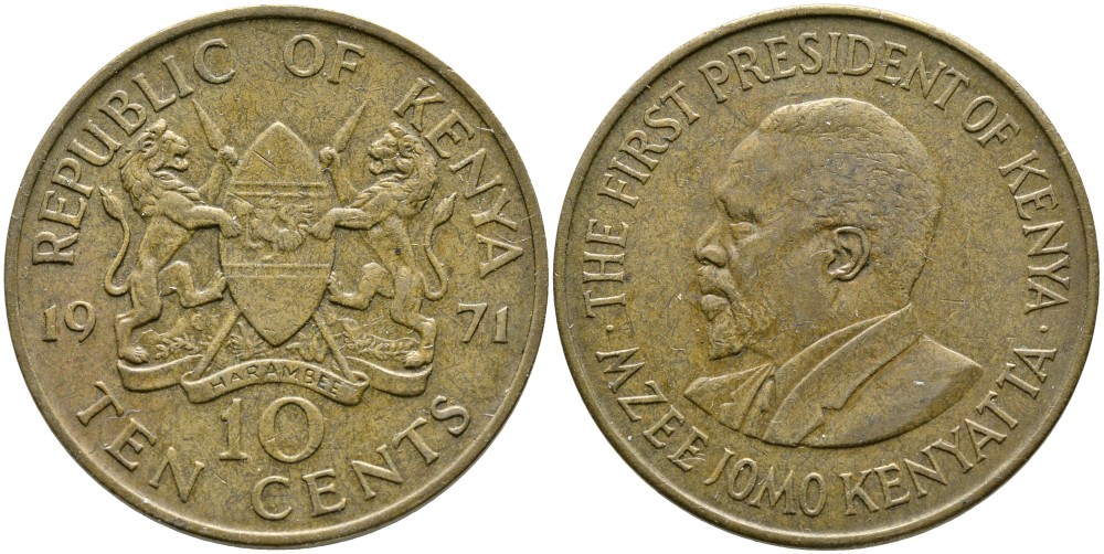 Кения 10 центов 1971 Джомо Кениата KM 11 никель латунь 4526-1126