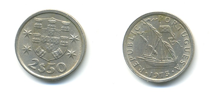 ПОРТУГАЛИЯ 2,5 ЭСКУДО 1975 ПАРУСНИК KM 590 медно-никель 176-126