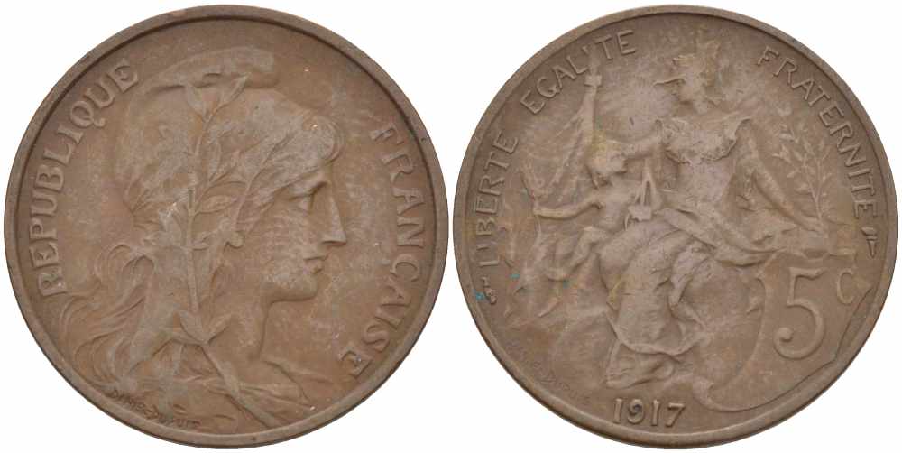ФРАНЦИЯ 5 САНТИМОВ 1917 ТИП ДАНИЭЛЬ ДЮПЮИ KM 842, LE FRANC 119.30 бронза 108-1021