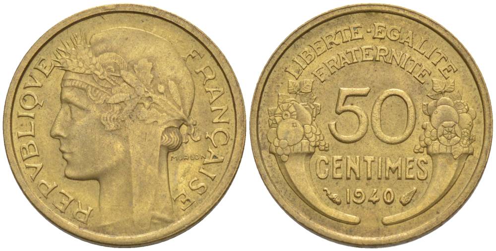 ФРАНЦИЯ 50 САНТИМОВ 1940 ТИП MORLON KM 894.1, LE FRANC 192.17 алюминиевая бронза 44-759