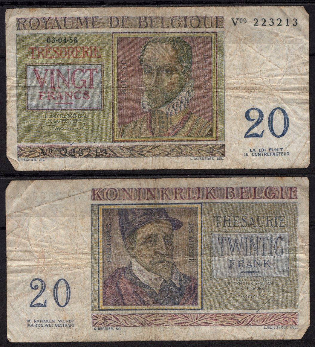 Бельгия 20 франков 1956 Роланд де Лассус, Филипп де Монте Pick 132 b бумага 7548-99-1-1