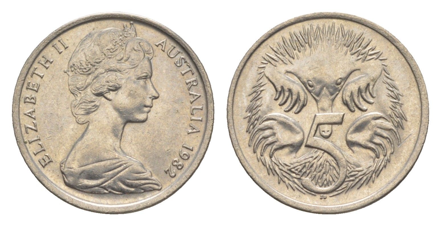 Австралия 5 центов 1982 Елизавета II (1952-2022) молодой портрет, ехидна KM 64 медно-никель 4152-723