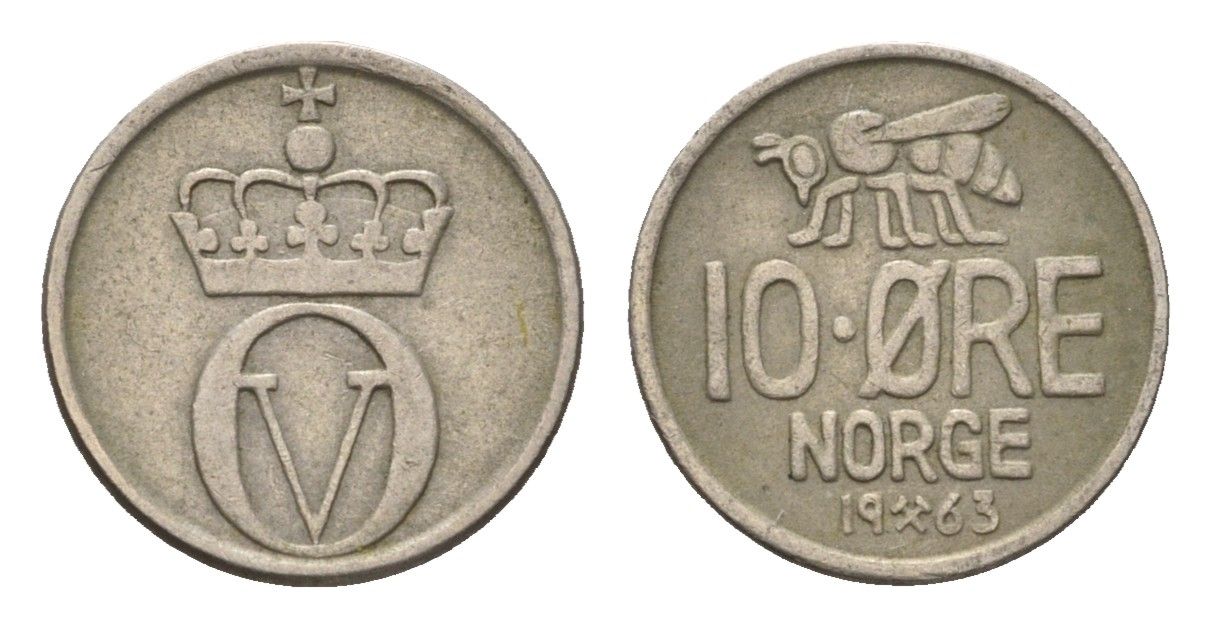 Норвегия 10 эре 1963 Улаф V (1957-1991) KM 411 медно-никель 4702-268