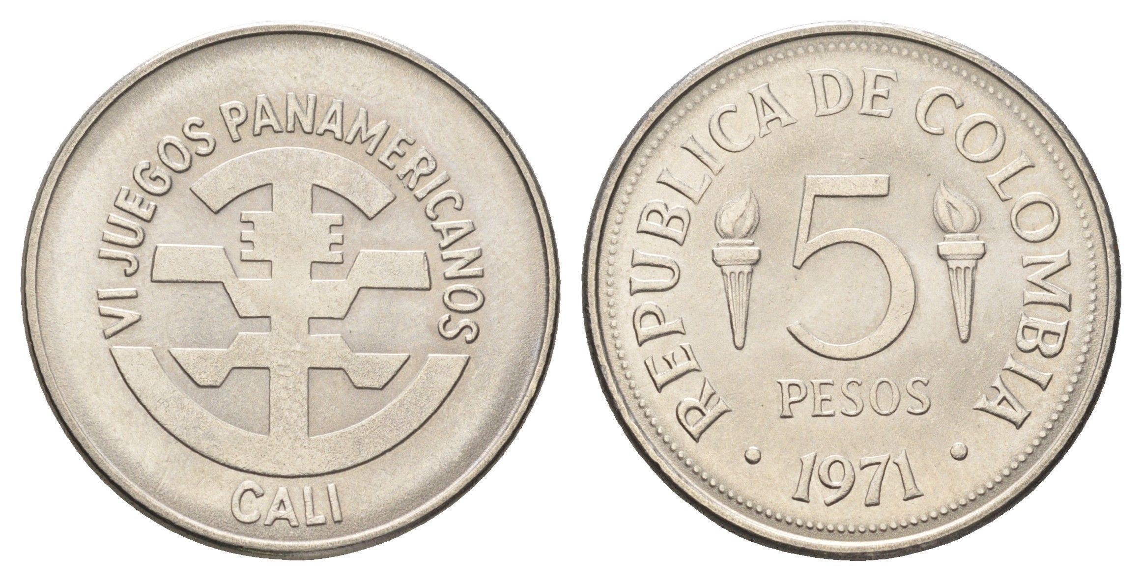 Колумбия 5 песо 1971 VI Пан-Американские игры в Кали KM 247 медно-никель UNC 4662-624