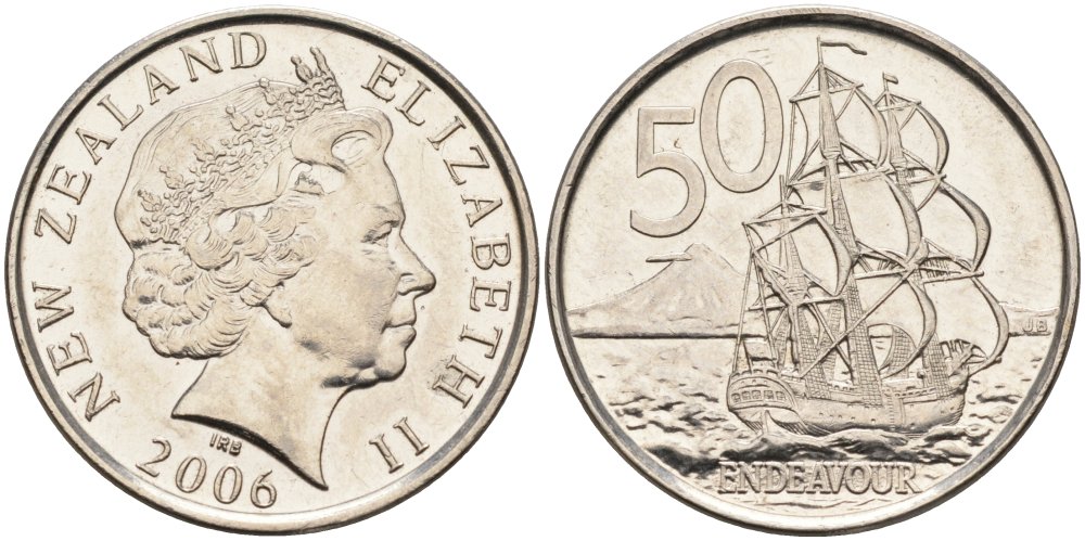 Новая Зеландия 50 центов 2006 Елизавета II (1952-2022), парусник Индевор KM 119а никелированная сталь 4579-1051