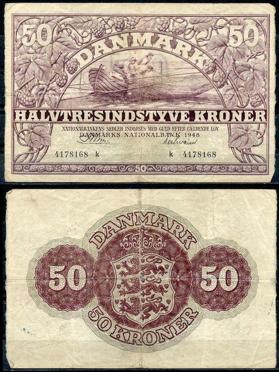 Дания 50 крон 1948 рыбаки, серия K Pick 38 e бумага 451-599-1