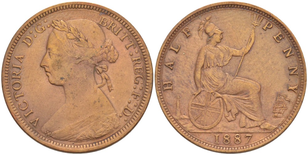Великобритания 1/2 пенни 1887 Виктория (1837-1901) KM 754, Spink 3956 бронза 4543-1217