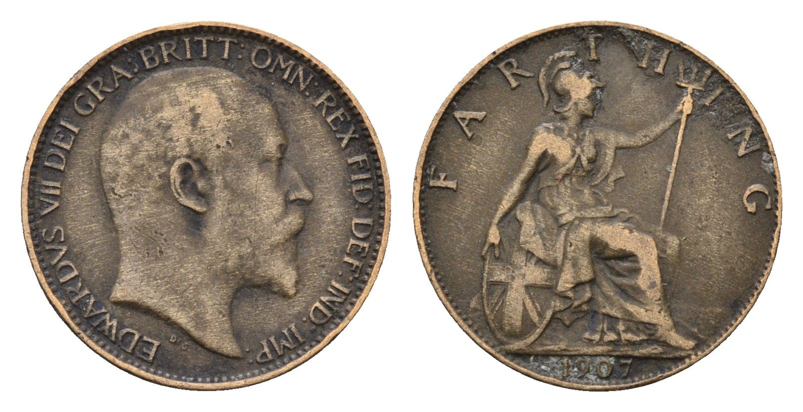 Великобритания 1 фартинг 1907 Эдуард VII (1901-1910) KM 792, Spink 3992 бронза 4690-754