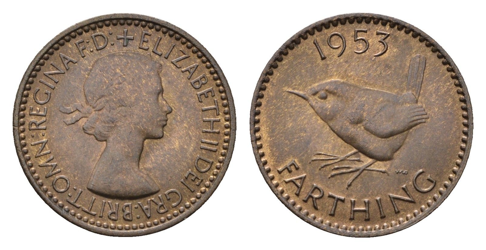 Великобритания 1 фартинг 1953 Елизавета II (1952-2022), год-тип KM 881, Spink 4156 бронза UNC 4690-769