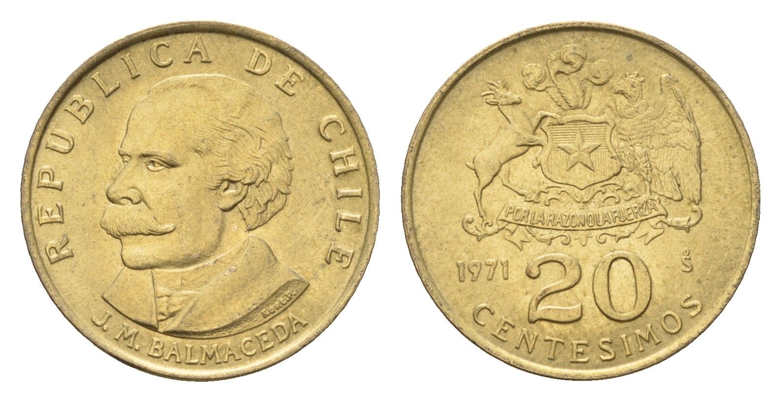 Чили 20 сентесимо 1971 KM 195 алюминиевая бронза UNC 4689-141