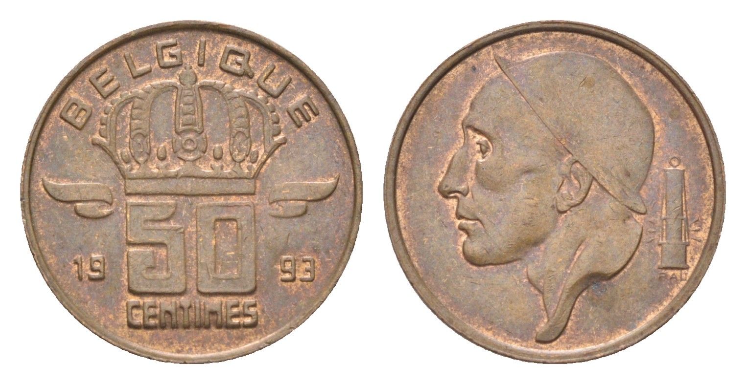 Бельгия 50 сантимов 1993 Belgique, Бодуэн I (1951-1993) KM 148 бронза 4705-236