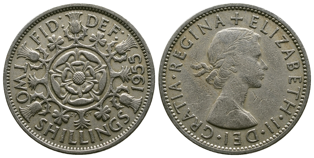 Великобритания 2 шиллинга (флорин) 1955 Елизавета II (1952-2022) KM 906, Spink 4146 медно-никель 4607-922
