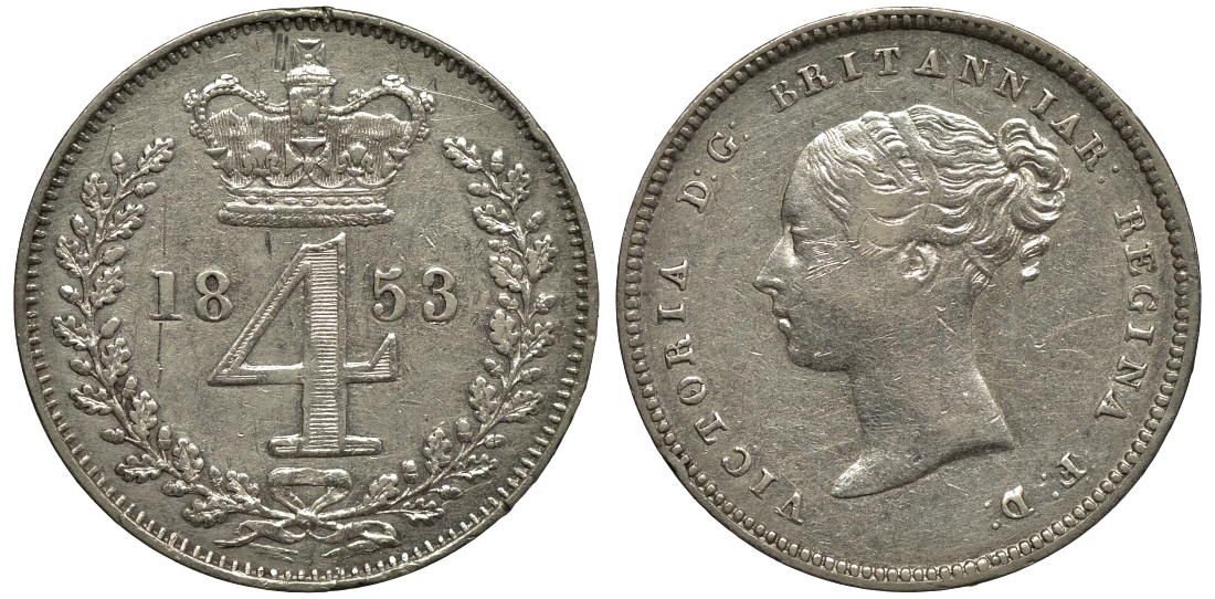 Великобритания 4 пенса 1853 Виктория (1837-1901) KM 732, Spink 3917 серебро 1524-222