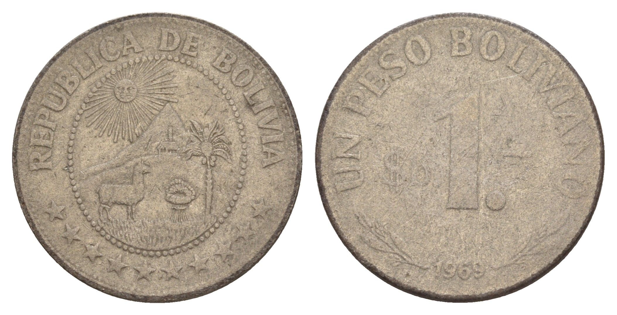 Боливия 1 песо 1969 KM 192 сталь плакированная никелем 4628-421