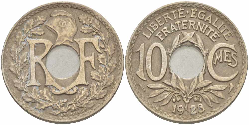 ФРАНЦИЯ 10 САНТИМОВ 1923 tb, ТИП ЛИНДАЙЁ, МОНЕТНЫЙ ДВОР ПУАССИ, МОЛНИЯ KM 866а, LE FRANC 138.9 медно-никель 108-137