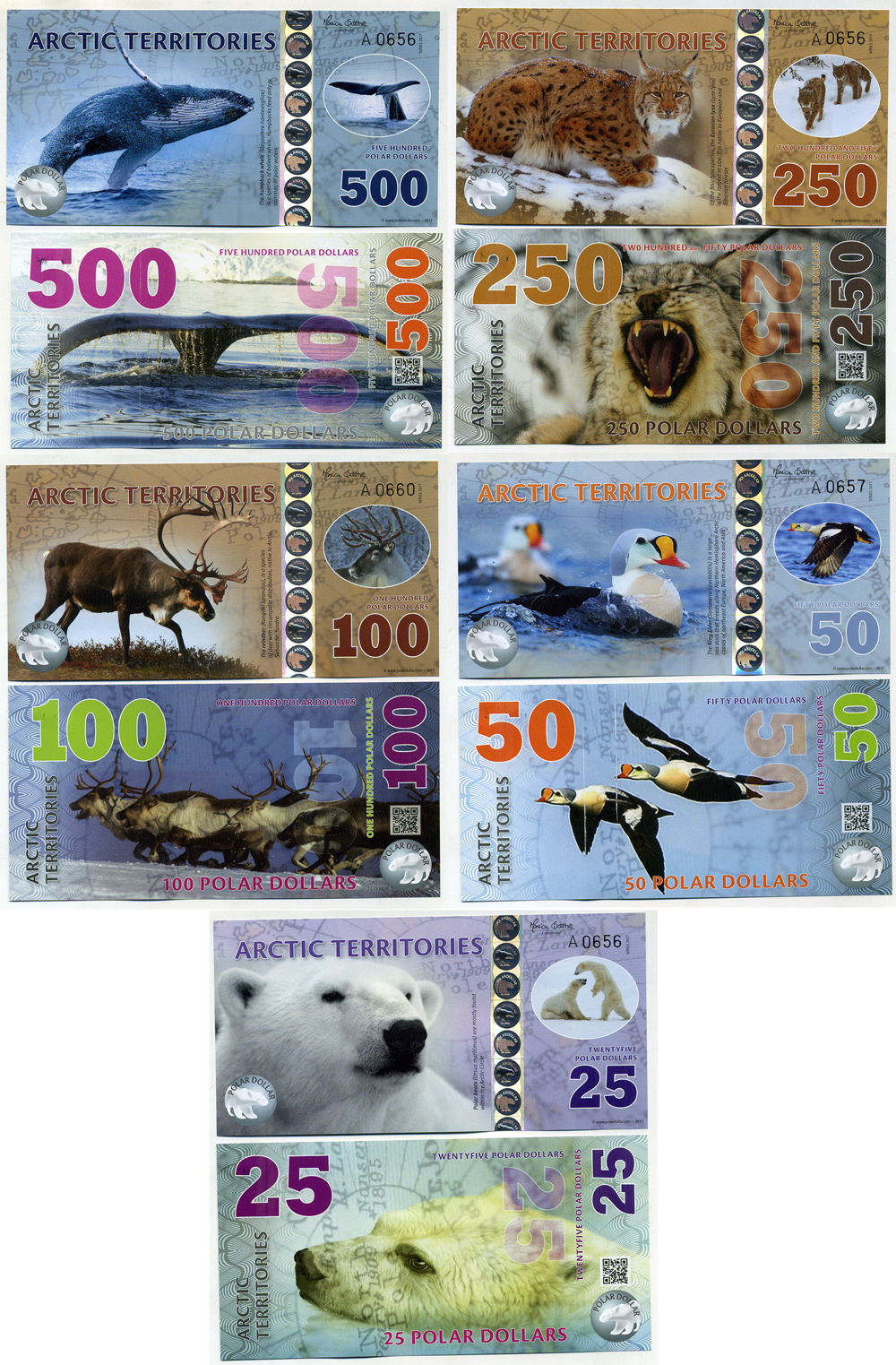 Арктика набор из 5 банкнот 25, 50, 100, 250, 500 полярных долларов 2017 пластик UNC (пресс) 449-10-1