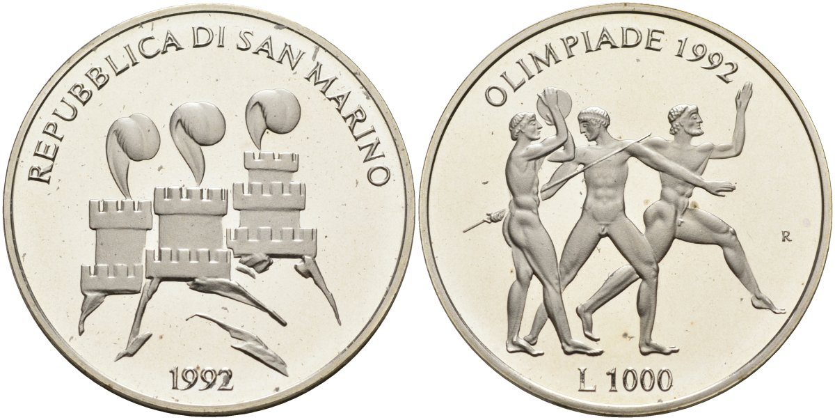 Сан-Марино 1000 лир 1992 XXV летние Олимпийские игры в Барселоне 1992 года, легкая атлетика KM 277 серебро PROOF 1096-4-32