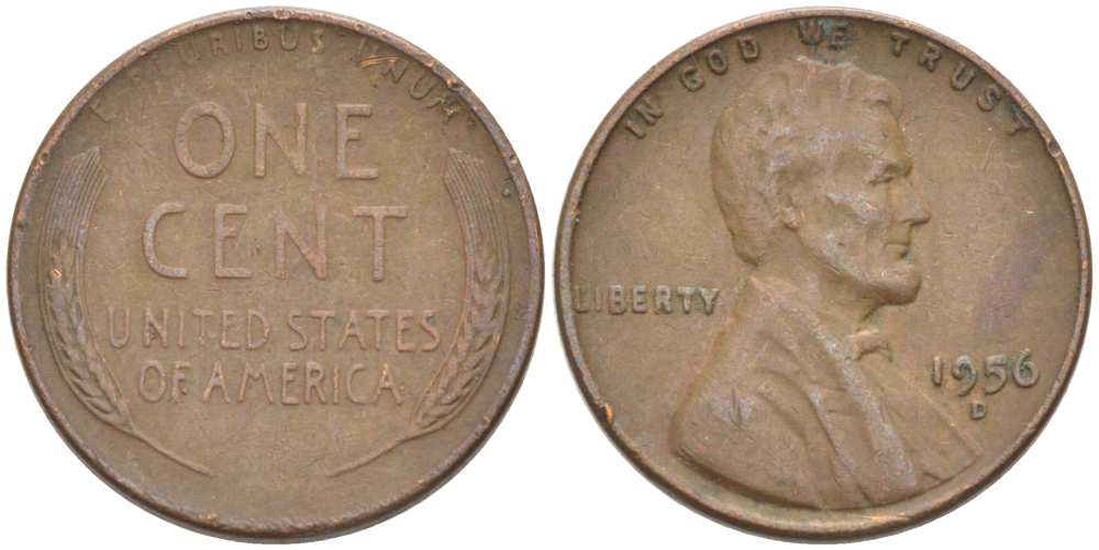 США 1 ЦЕНТ 1956 D, ЛИНКОЛЬН KM А132 медь цинк 3309-1157