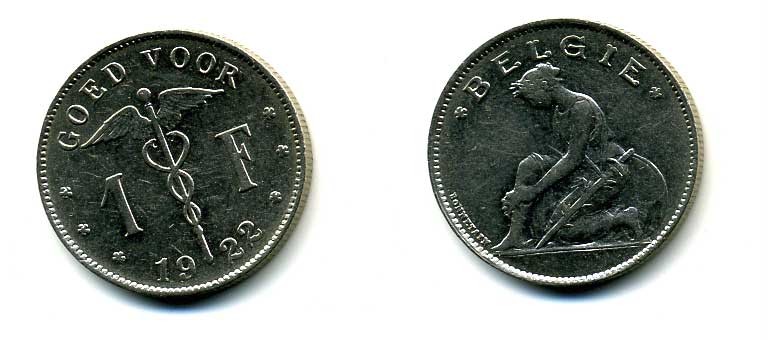 БЕЛЬГИЯ 1 ФРАНК 1922 BELGIE KM 90 никель UNC 58-1236