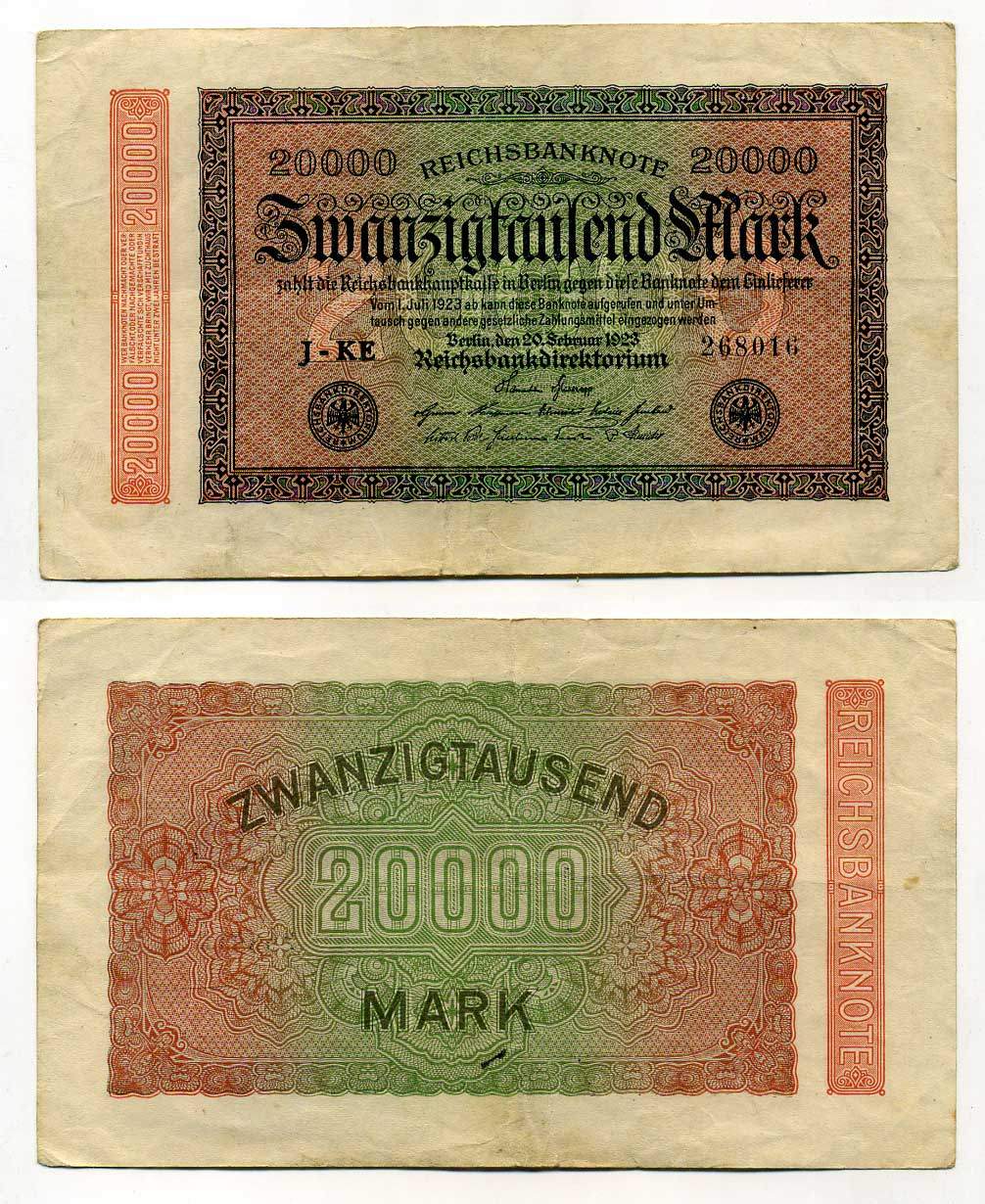 Германия 20000 марок 1923 20 февраля 1923, водянной знак L Pick 85 a  бумага   8619-40-1-1