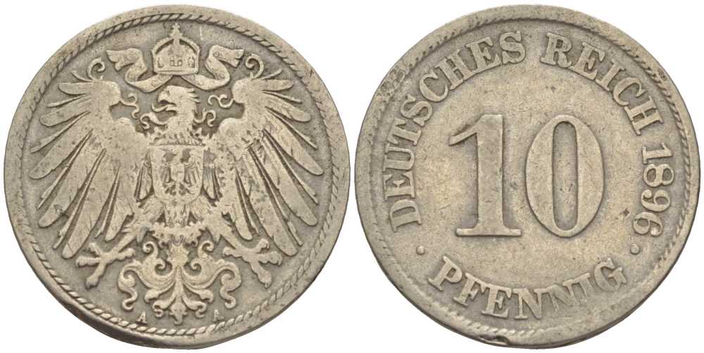 ГЕРМАНИЯ 10 ПФЕННИГОВ 1896 A KM 12, J. 13 медно-никель 4401-1012