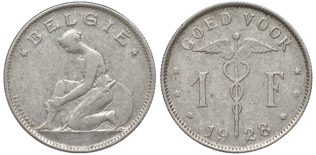 Бельгия 1 франк 1928 Belgie KM 90 никель 51-1254