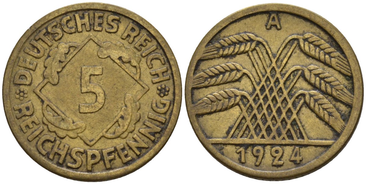 Германия 5 рейхспфеннигов 1924 A KM 39, J. 316 алюминиевая бронза 4151-715