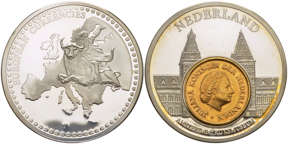 НИДЕРЛАНДЫ МЕДАЛЬ ND МОНЕТА НА МЕДАЛИ, СЕРИЯ ДОЕВРОВЫЕ ЕВРОПЕЙСКИЕ МОНЕТЫ, ДИАМЕТР 40 ММ., НИДЕРЛАНДЫ, 25 ЦЕНТОВ, АМСТЕРДАМ, КОРОЛЕВСКИЙ МУЗЕЙ серебрение PROOF 1088-6-41
