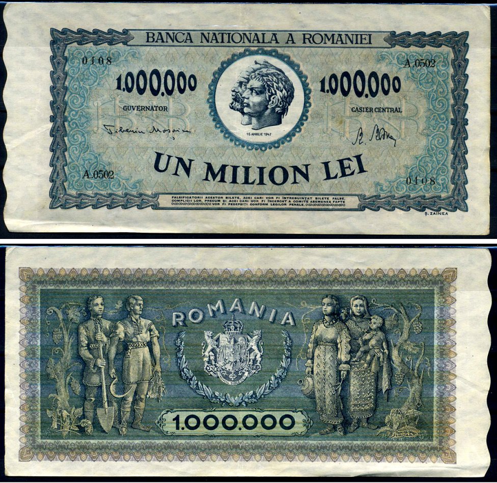 Румыния 1000000 леев 1947 Траян и Децебал, семья крестьян Pick 60 a бумага 8590-21-3-2
