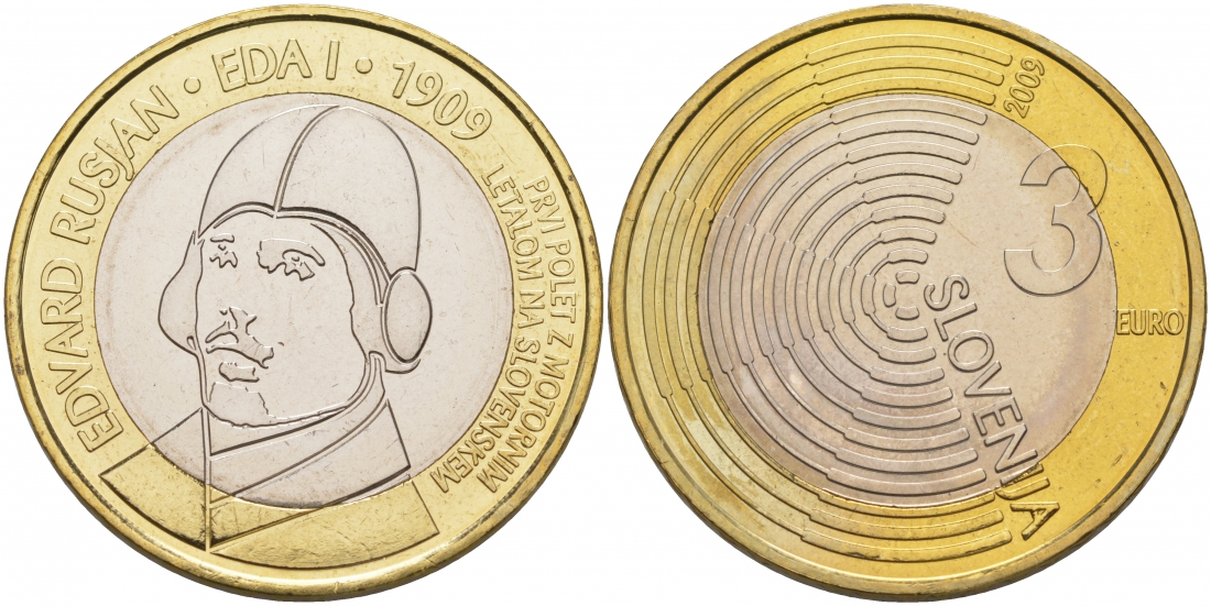 Словения 3 евро 2009 100 лет первому полету самолета Эдварда Русяна, из ролла KM 85 биметалл UNC M11-20