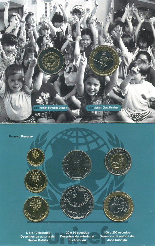Португалия набор из 7 монет 1999 официальный набор в картонном буклете, 50 лет ЮНИСЕФ BUNC 00-00
