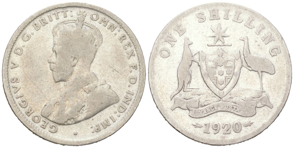 Австралия 1 шиллинг 1920 M, Георг V (1910-1936), самый редкий год тиража KM 26 серебро 4364-3156