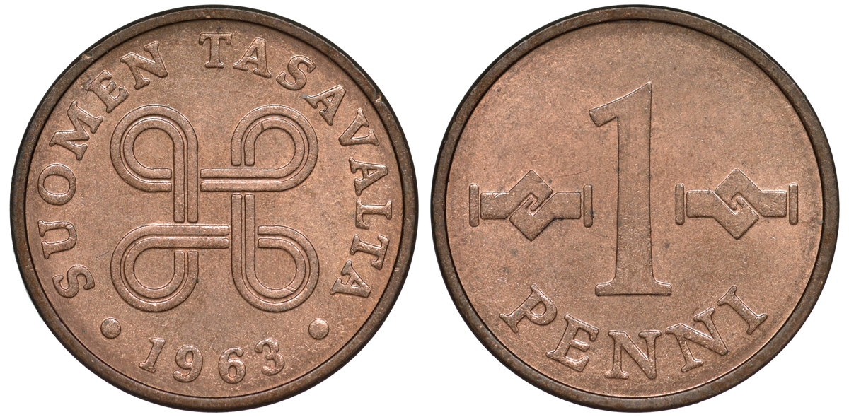 Финляндия 1 пенни 1963 KM 44 медь 3334-1024