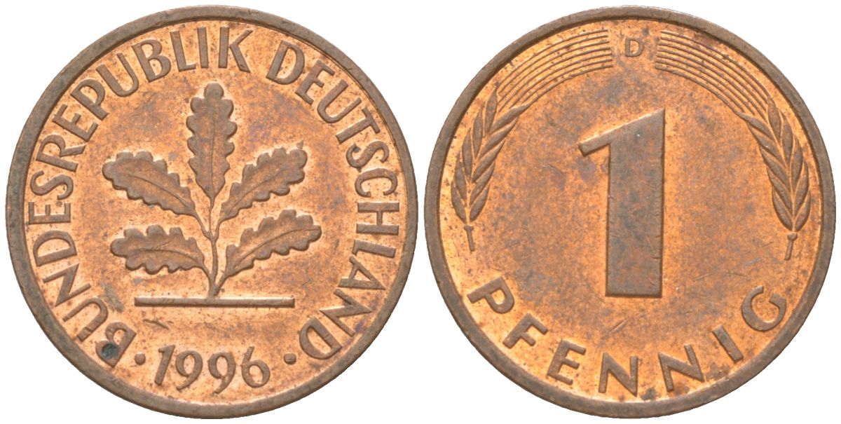 Германия 1 пфенниг 1996 D KM 105 сталь плакированная медью aUNC 4613-1216