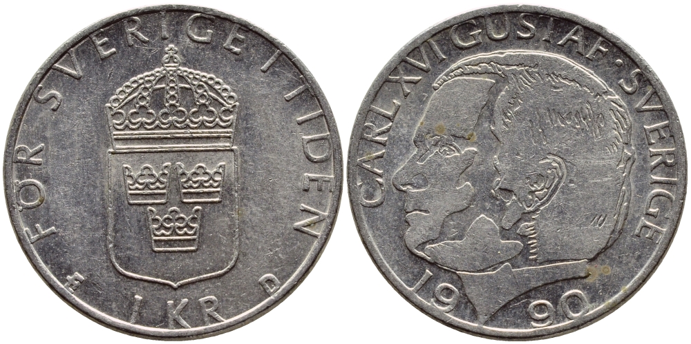 Швеция 1 крона 1990 Карл XVI Густав (1973- ) KM 852a медно-никель 4398-1257