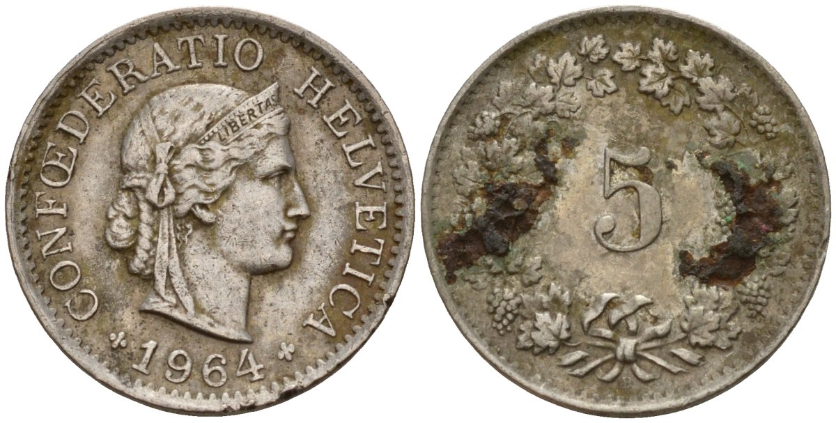 Швейцария 5 раппенов 1964 B KM 26 медно-никель 4189-336