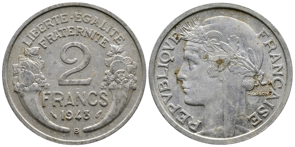 Франция 2 франка 1948 В KM 886а.2 алюминий 83-1943